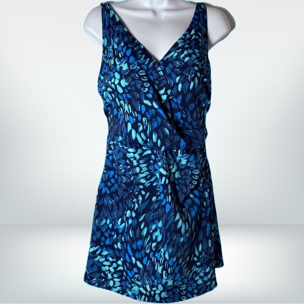 Denim & Co V Neck Wrap Front Swim Dress Azure Paint Brush Size 10 New